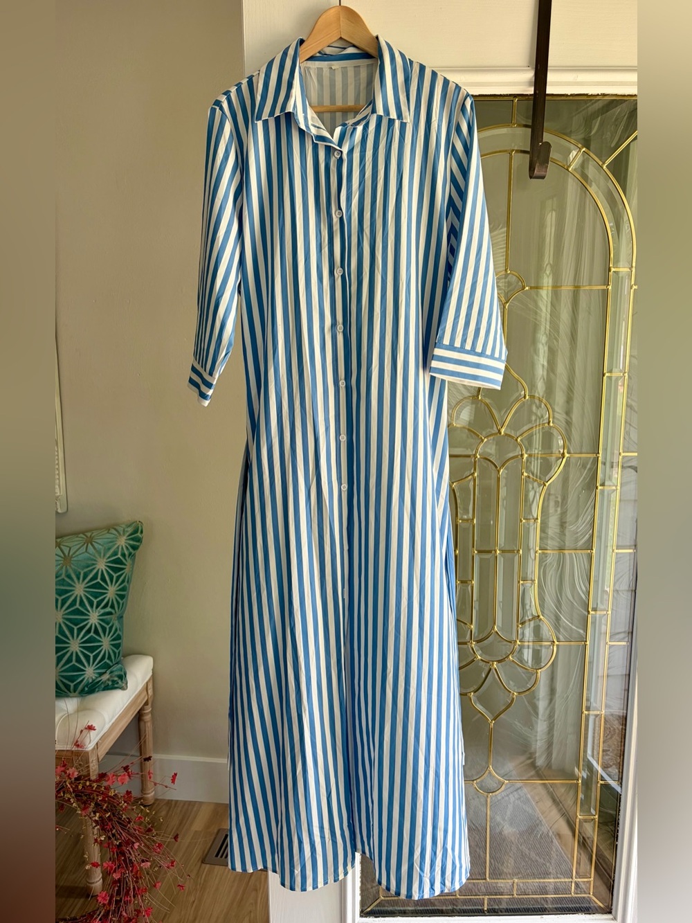 Striped Blue and White Tie-Waist Shirt Dress - Picture 10 of 10